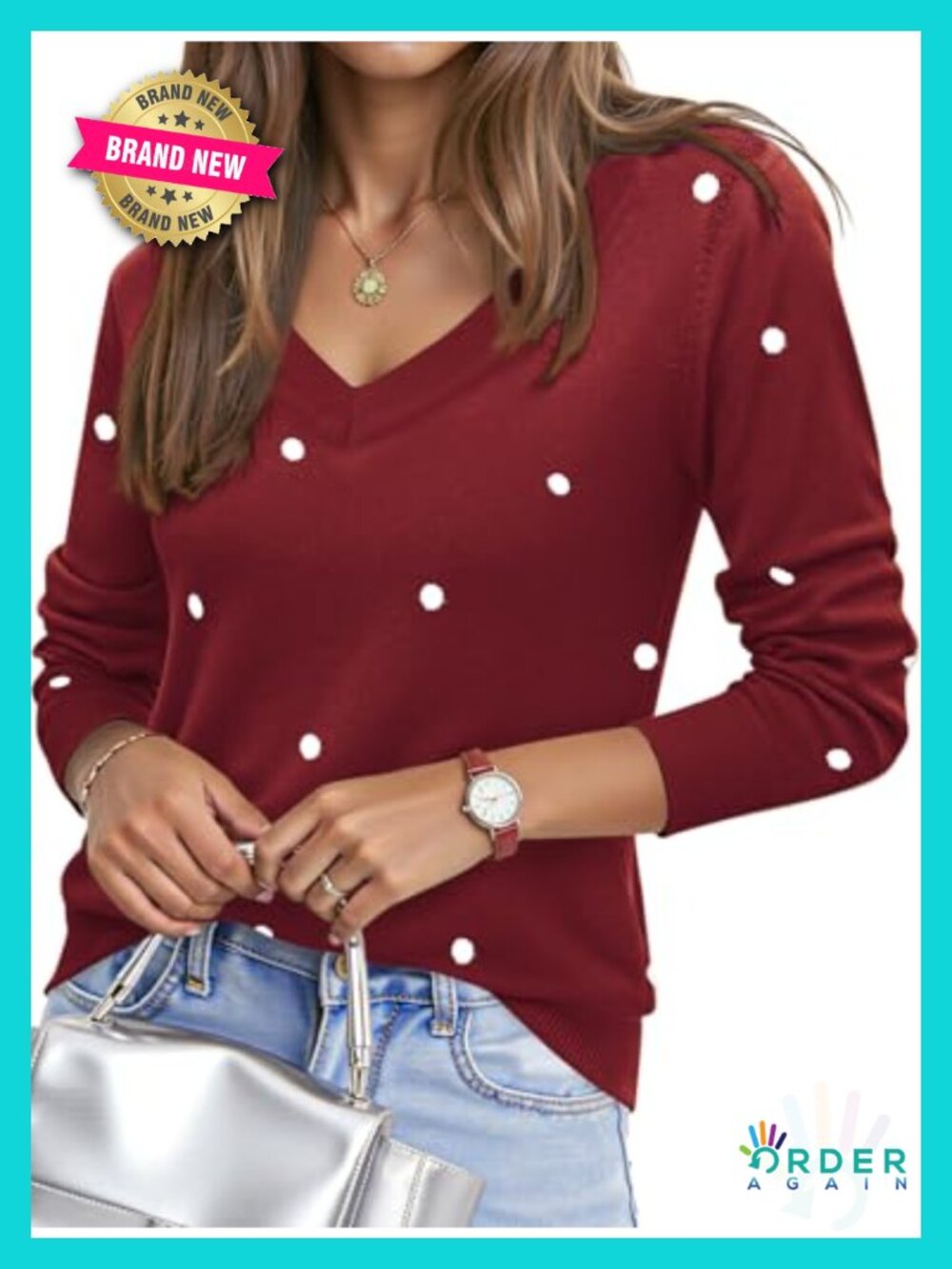 Women's Polka Dot V-Neck Long Sleeve Knit Pullover Sweater